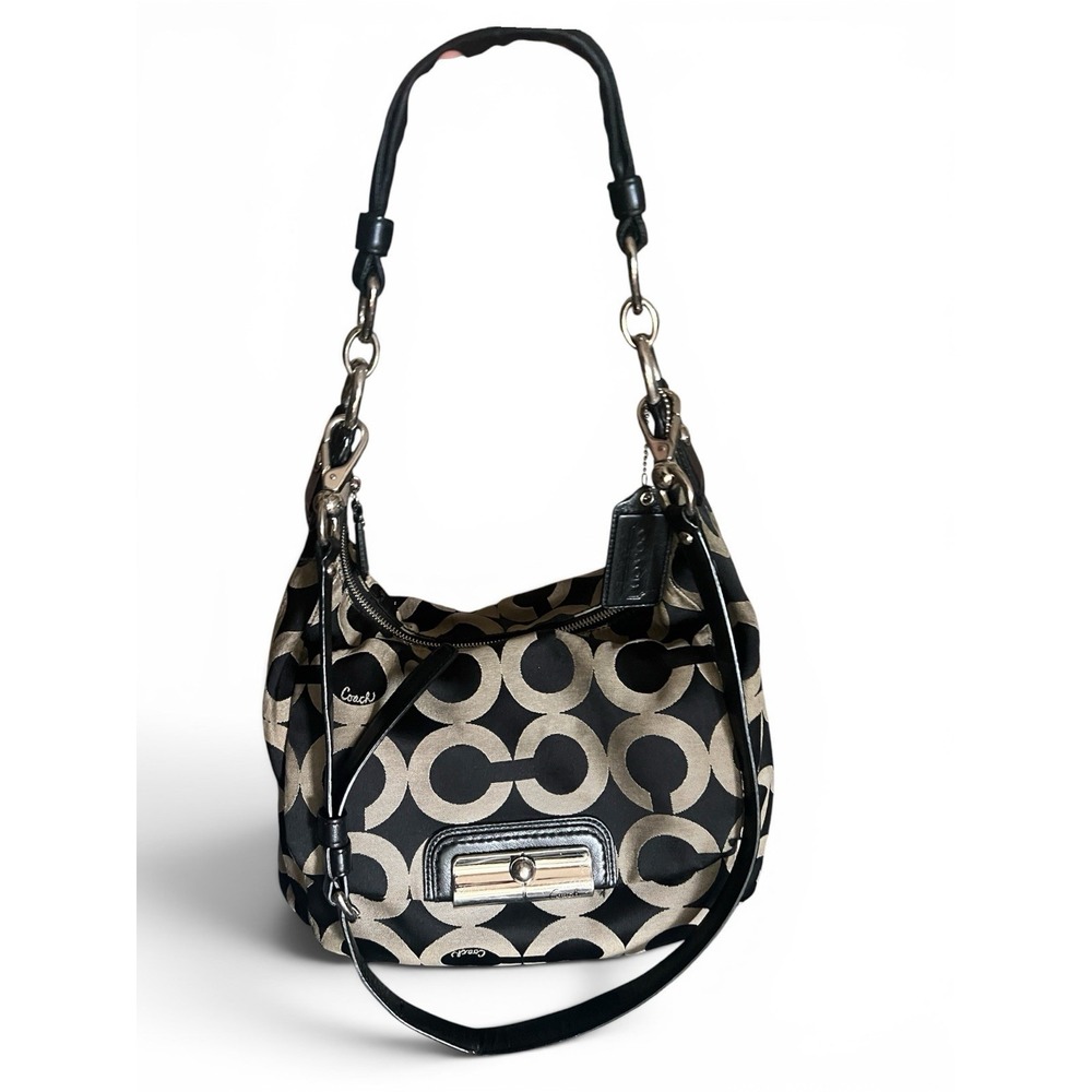 Coach Kristin Op Art Jacquard Canvas Hobo Shoulder Bag F16811 Beige Black